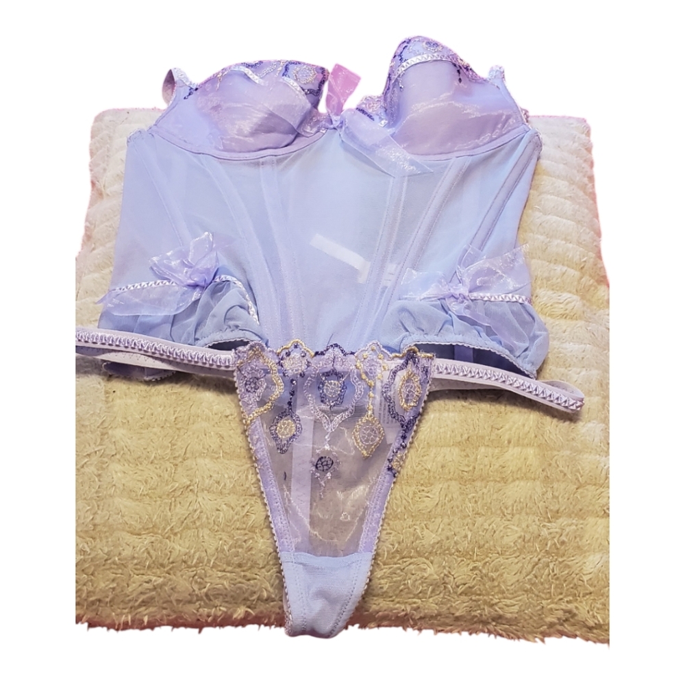 Elegant Lavender Lingerie Set corset top 34B Thongs M